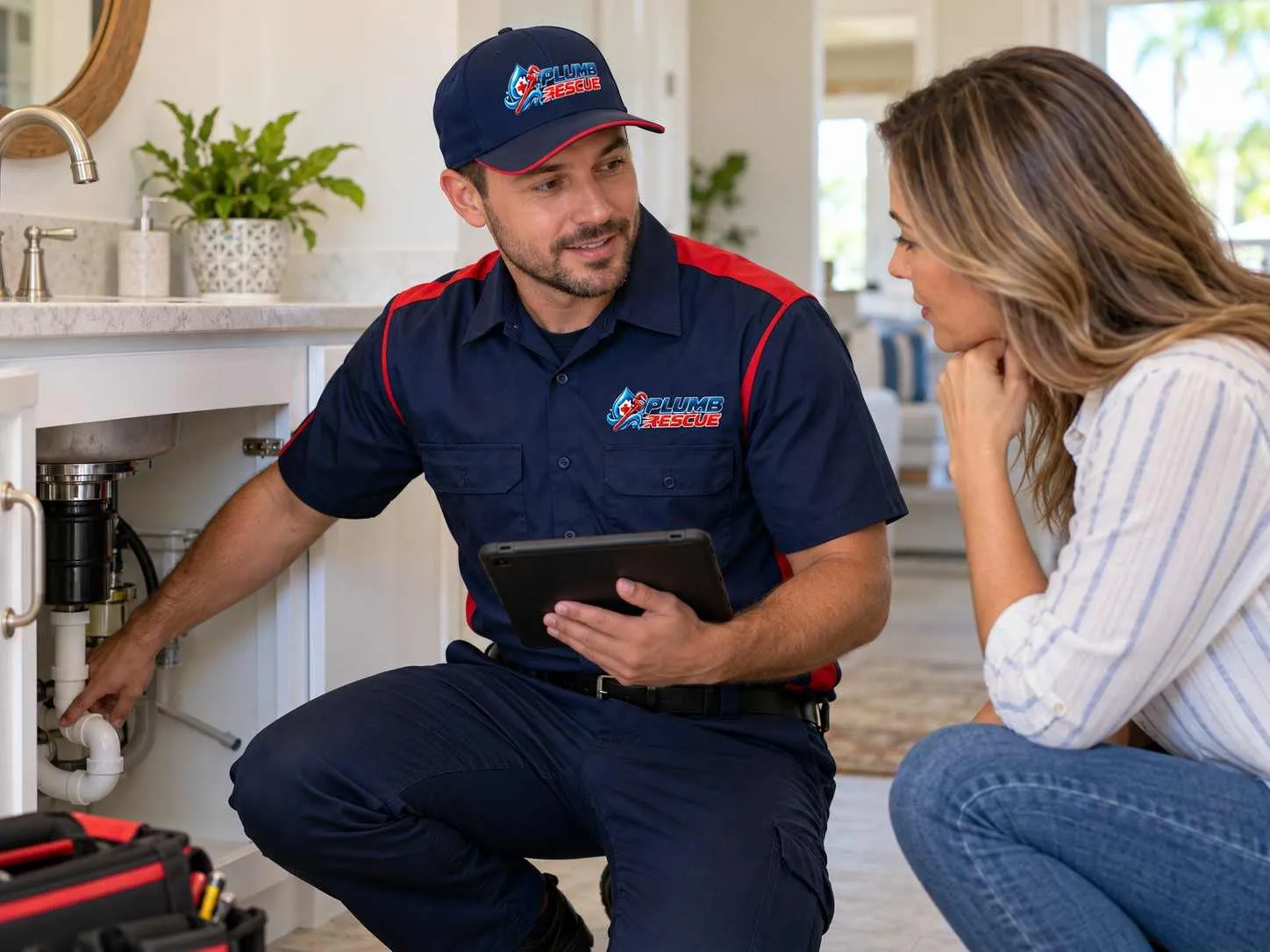 Plumb Rescue technician discussing an emergency plumbing problem